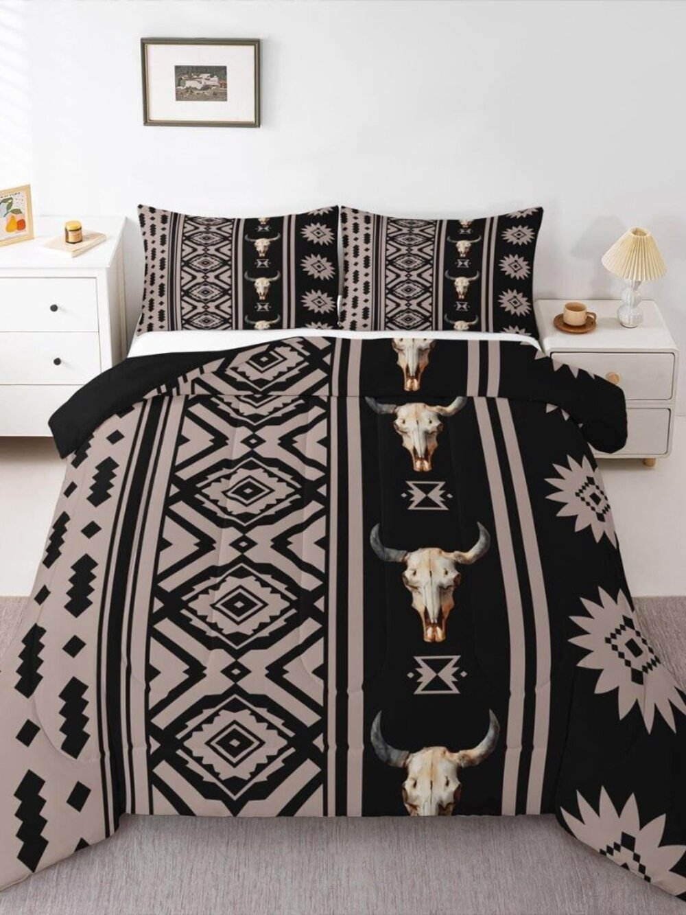 Rustic Western Bedding Set Soft for Boys Girls, Ethnic Horns Bohemian Comforter